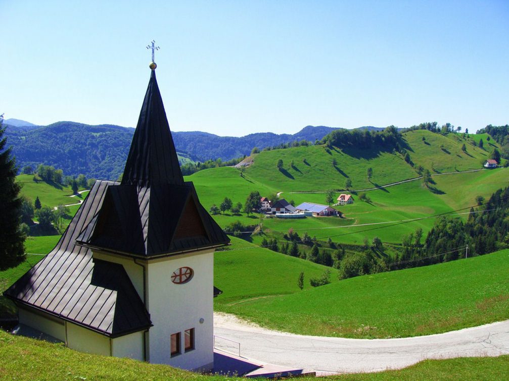 The Church of St. Florian in Idrijske Krnice in the hills northwest of Spodnja Idrija, Slovenia