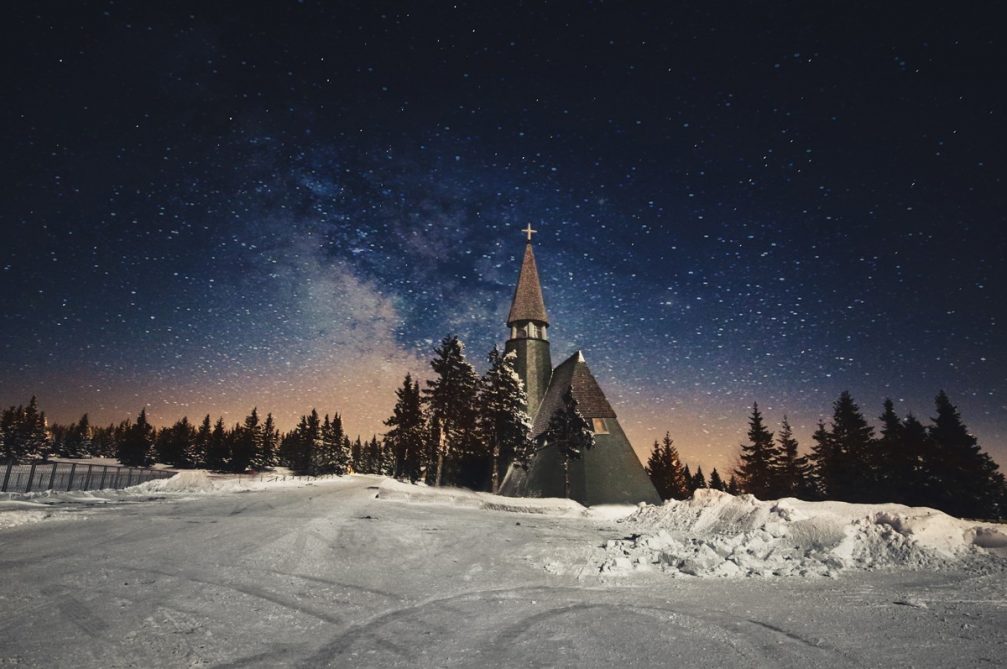 The Church of Jesus Christ on the Rogla mountain in Slovenia at night in winter