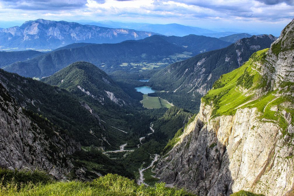 Elevated view of the Fusine Lakes in Italy from the Mangart Saddle in the Julian Alps