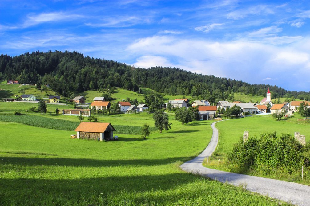 The village of Ledine on the Ledine plateau east of Spodnja Idrija in western Slovenia