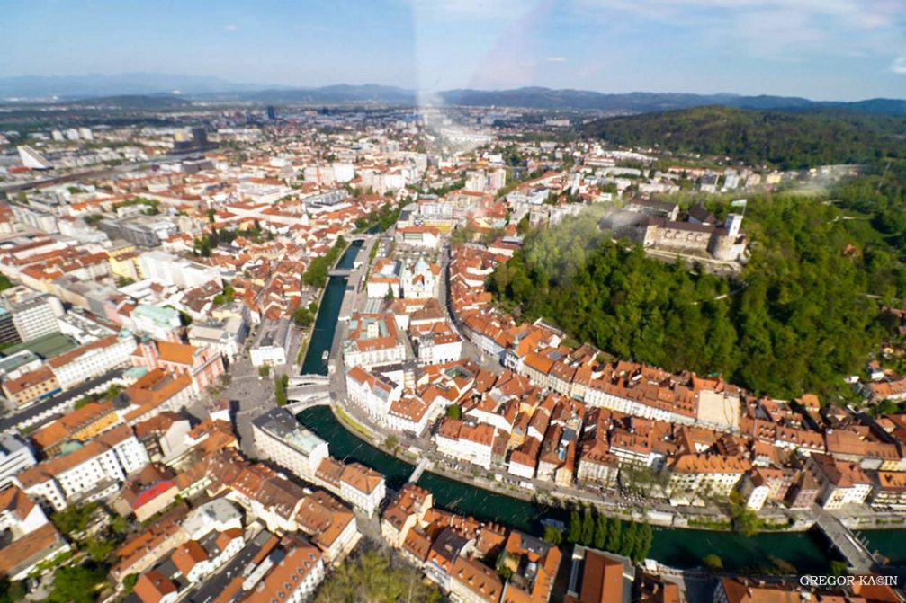 Aerial view of the historic city centre of Slovenia's capital Ljubljana from an airplane