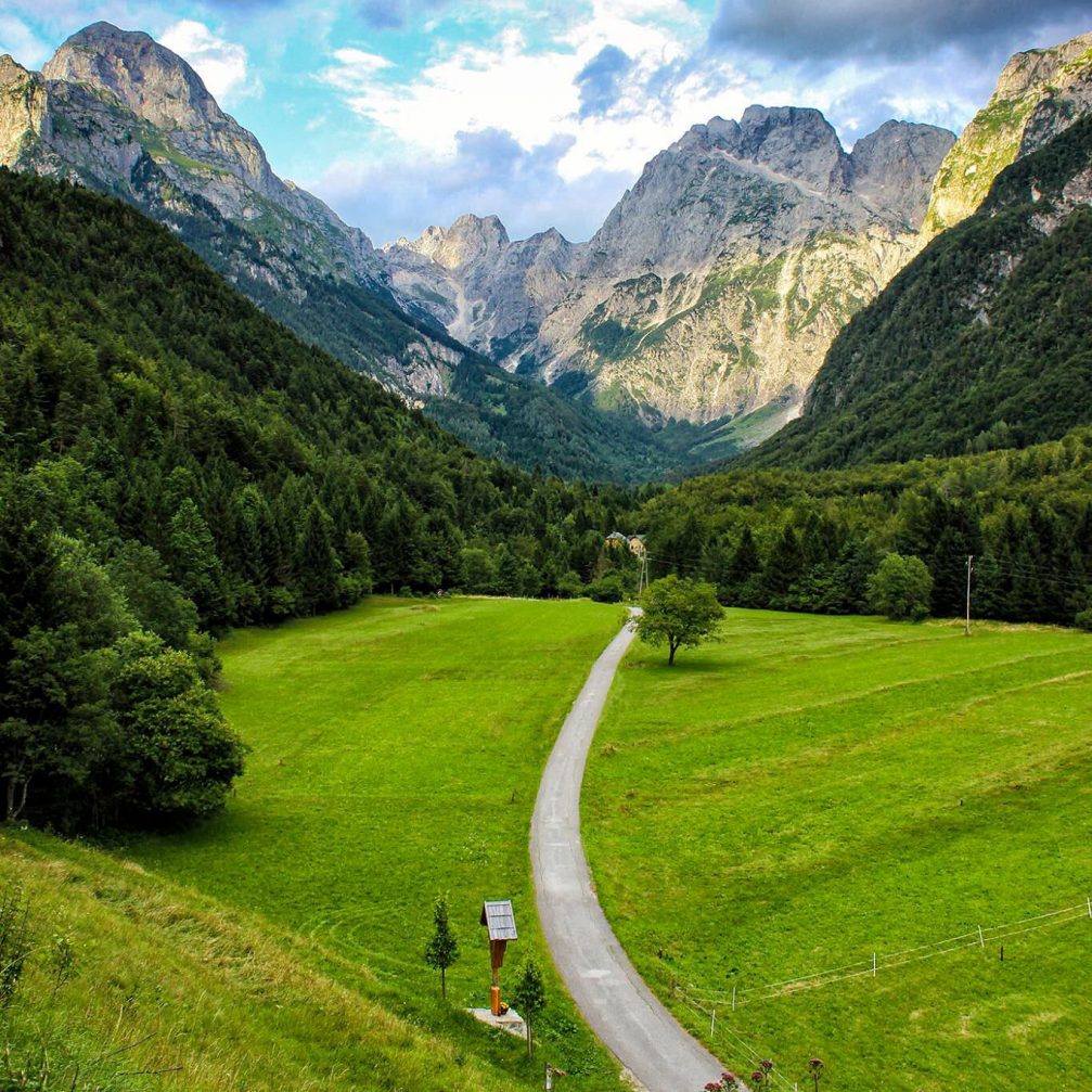 The Loska Koritnica valley surrounded by majestic Julian Alps peaks in the Triglav National Park, Slovenia