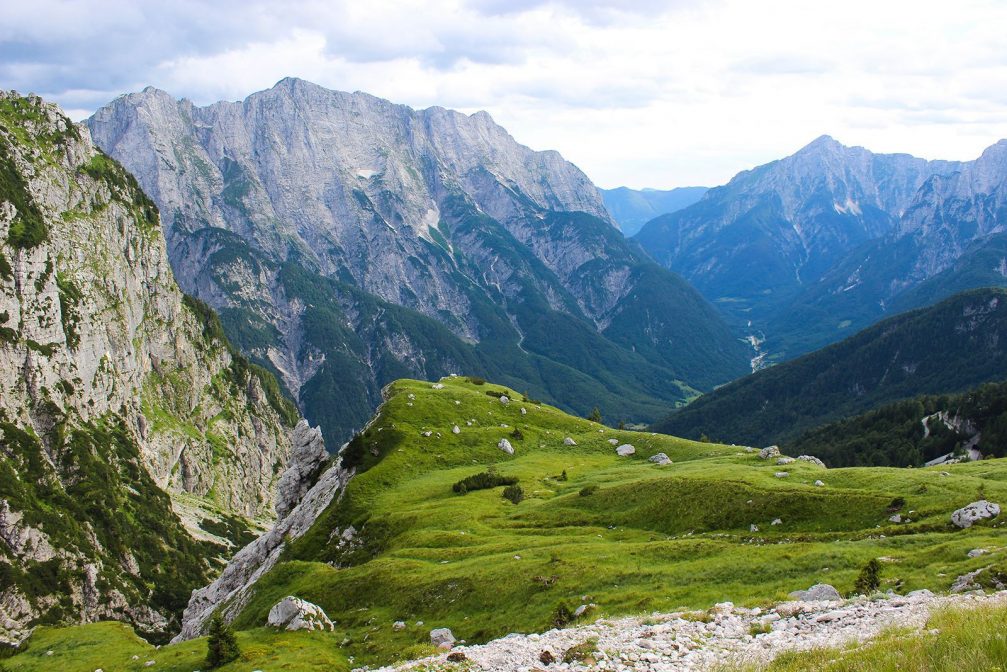 Elevated view of the Loska Koritnica Valley from the Mangart Saddle in the Julian Alps, Slovenia