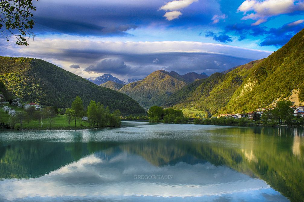 The emerald Soca river at the town of Most Na Soci in western Slovenia