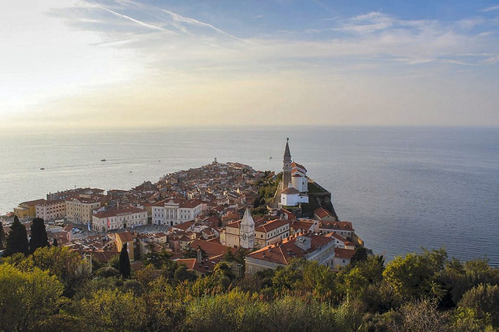 A beautiful elevated view over Piran and the Adriatic Sea from the town walls