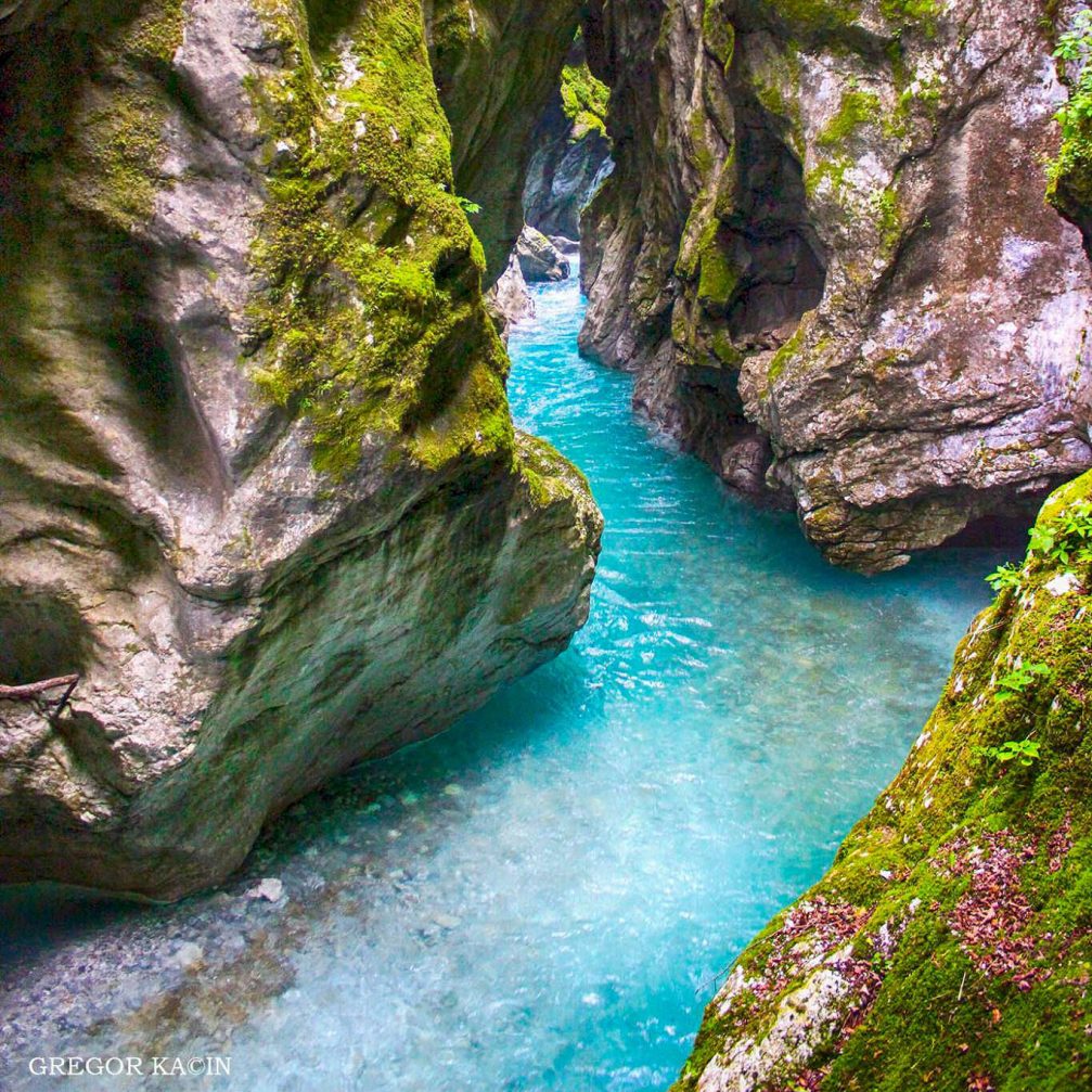 The turquoise Tolminka river flowing through the Tolmin Gorge, another amazing natural wonder in Slovenia