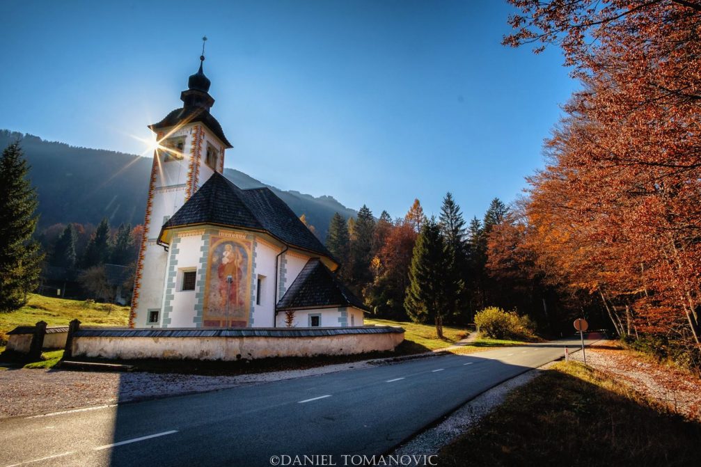 The Church of the Holy Spirit in the village of Ribcev Laz on Lake Bohinj in northwestern Slovenia