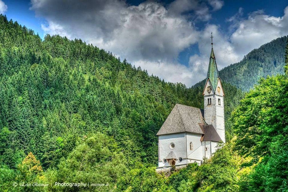 Exterior of the Church of Our Lady of the Snows on a hill above Solcava, Slovenia