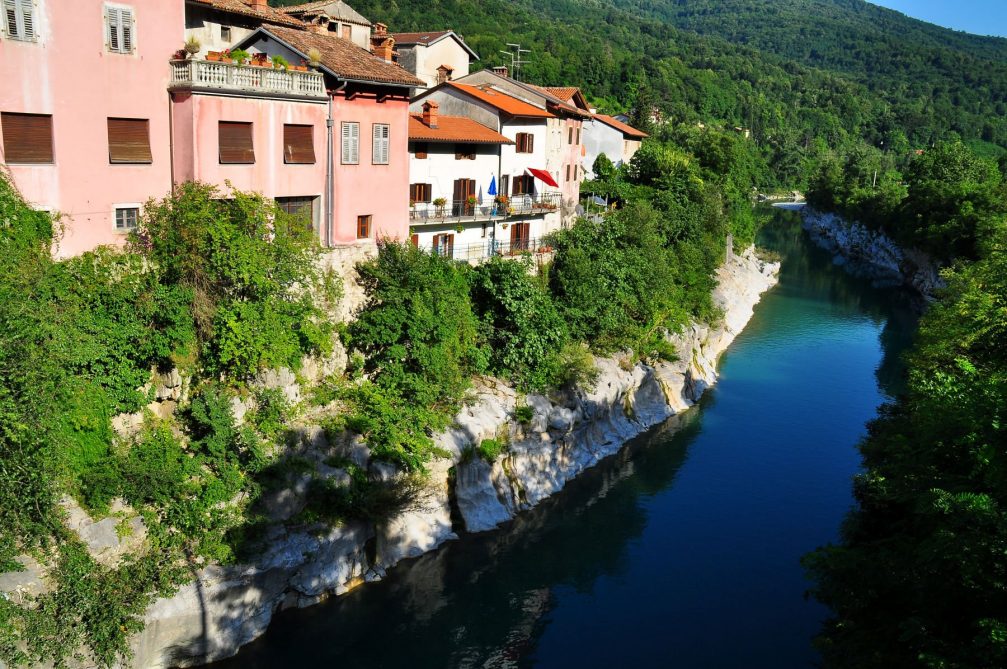 The picturesque small town of Kanal Ob Soci and the Soca River in western Slovenia