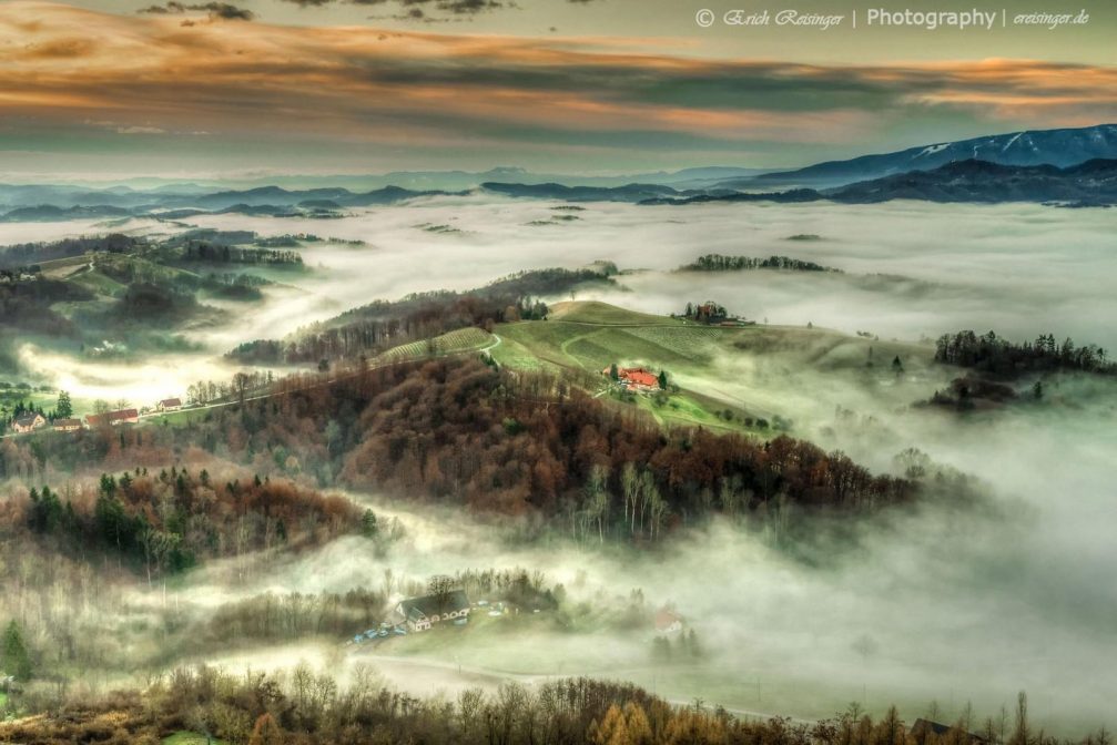 Elevated view of the hilly countryside of the Slovene Hills from the Placki Stolp lookout tower