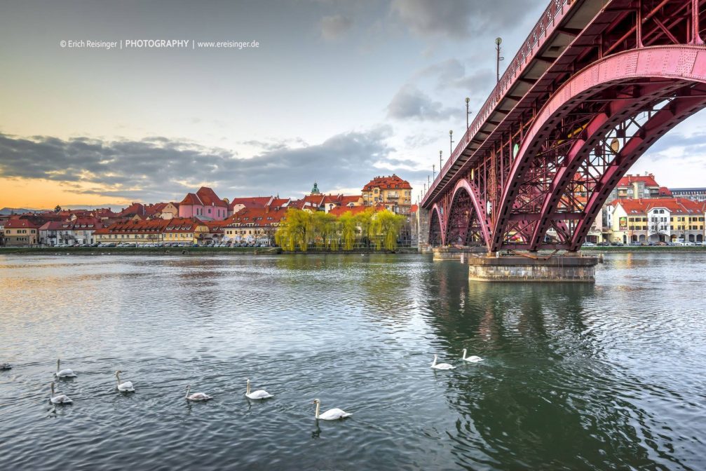 View of Lent, the historic center of Maribor located at the waterfront of the Drava river