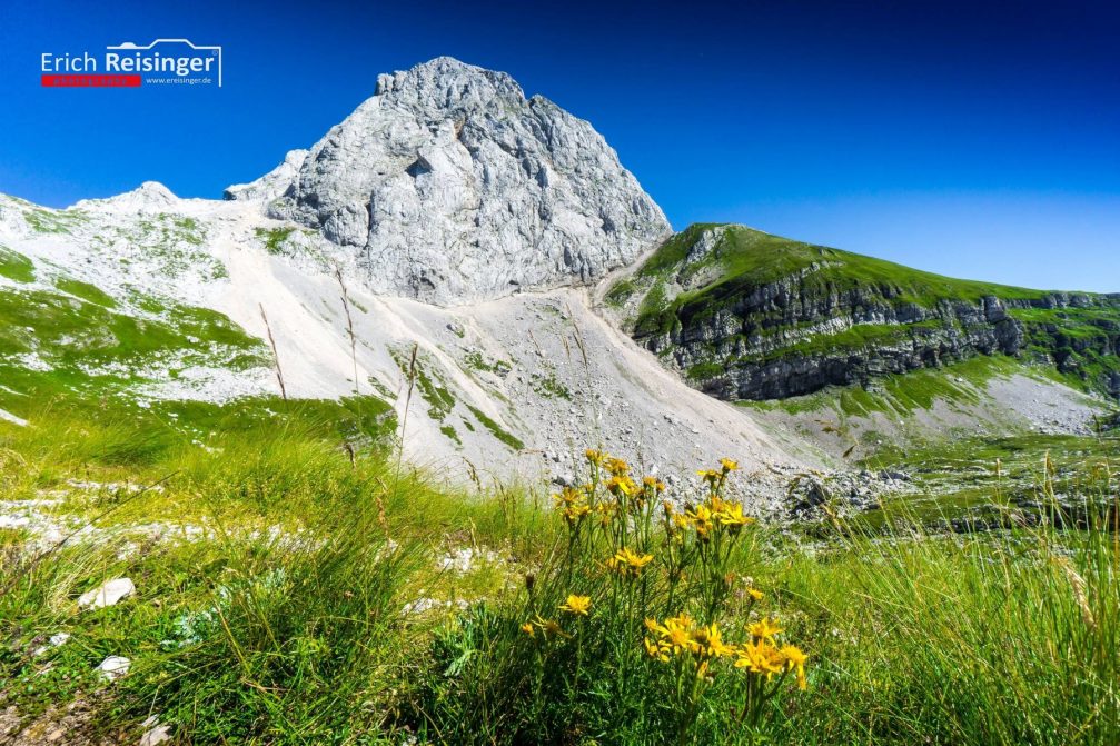 View of Mount Mangart, the fourth-highest peak in the Julian Alps in Slovenia