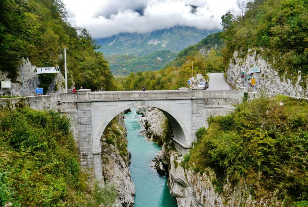 View of the Napoleon Bridge over the Soca River near the town of Kobarid in Slovenia