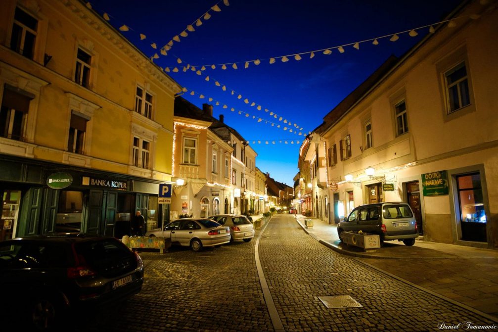 A street view in an old town centre in Ptuj, Slovenia