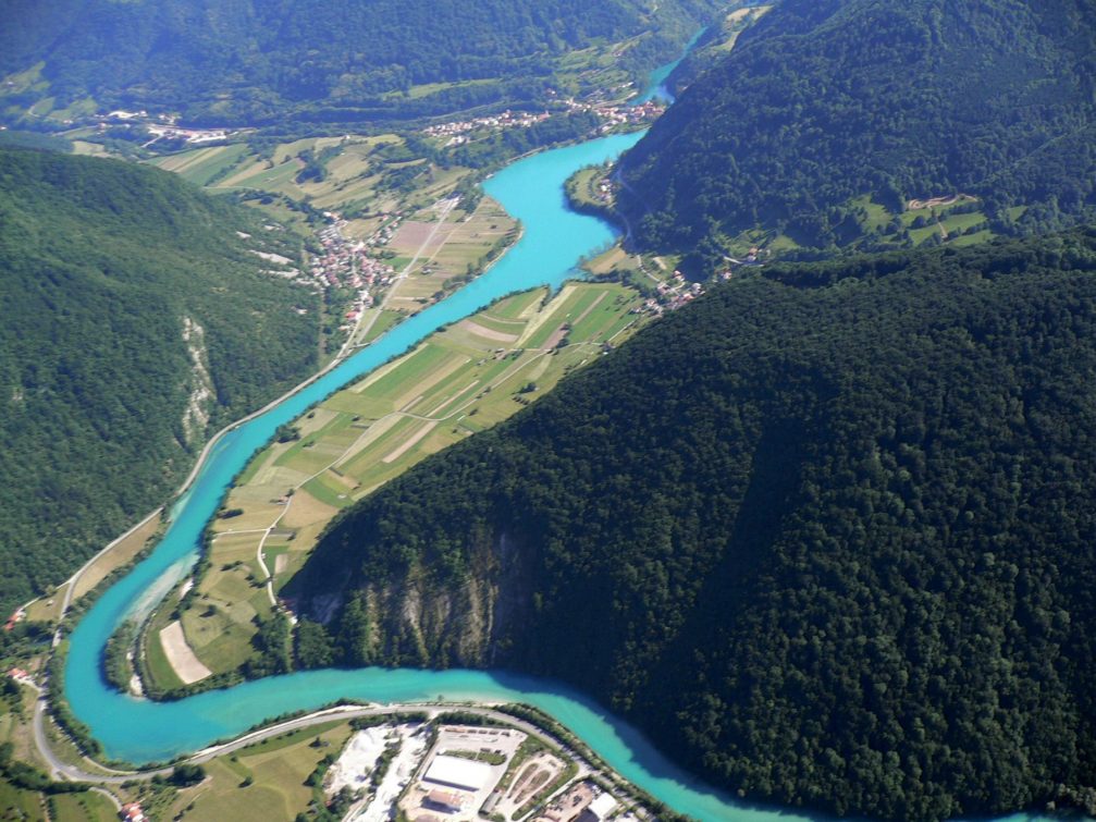 Aerial view of the Soca River at the town of Most Na Soci in western Slovenia