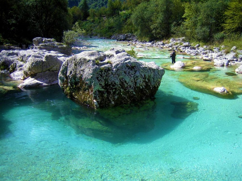 Fly fisherman fishing in the Soca River in Slovenia