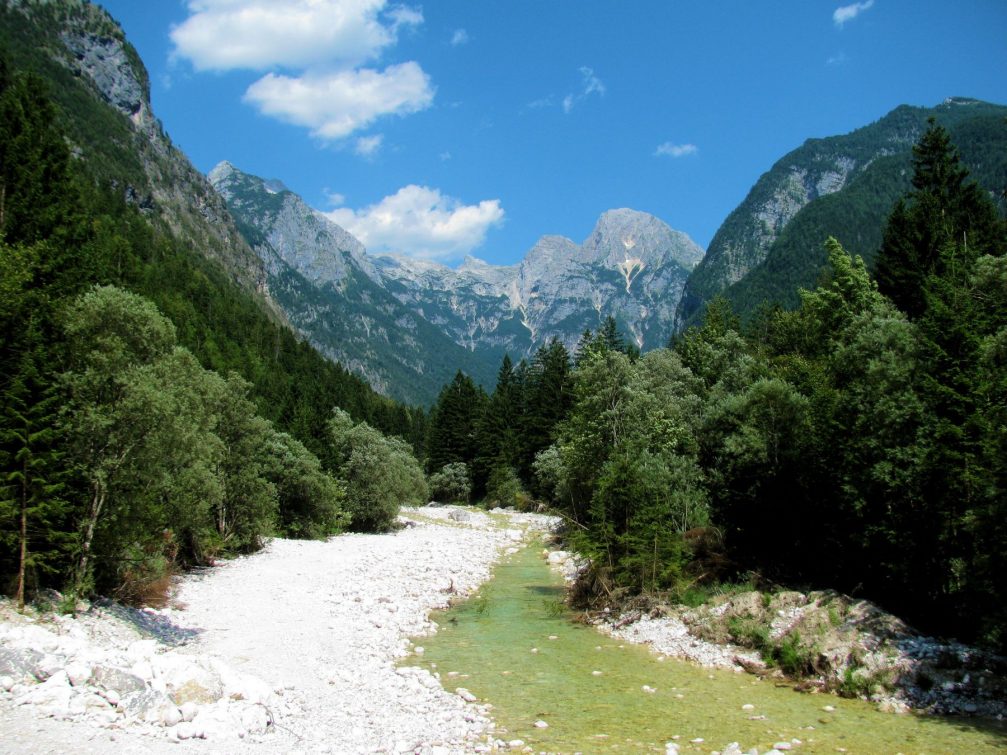 The Soca River at its beginnings in the heart of the Julian Alps in Slovenia