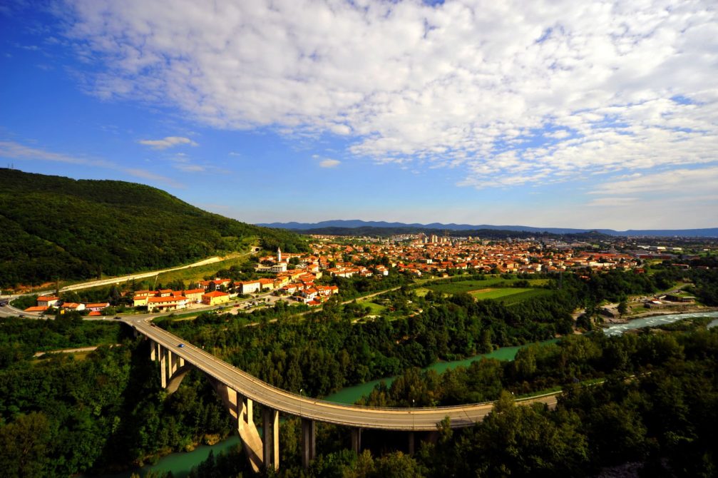 The Soca River flows past the city of Nova Gorica in western Slovenia