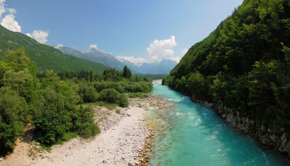 A beautiful panoramic view of the Soca River near Bovec in western Slovenia