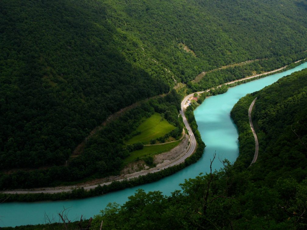 Elevated view of the road along the Soca River in western Slovenia from the Sabotin ridge