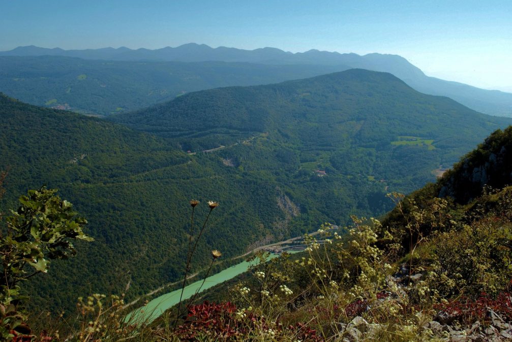 Elevated view of the Soca River from the Sabotin ridge in western Slovenia