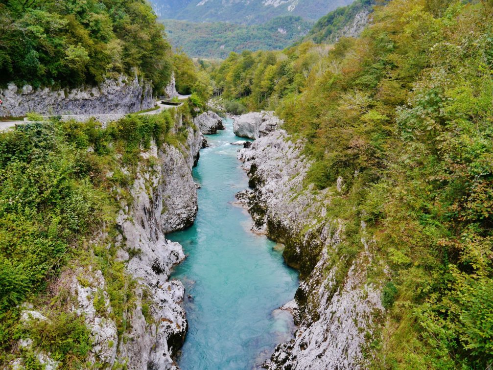 Elevated view of the aquamarine Soca River from the Napoleon Bridge near Kobarid, Slovenia