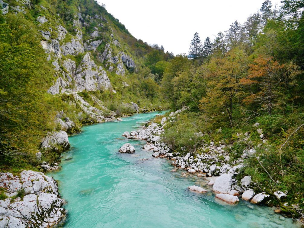 The crystal clear aquamarine Soca River flowing through the Triglav National Park in northwestern Slovenia