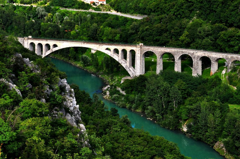 View of the Solkan Bridge over the Soca River near the city of Nova Gorica in Slovenia