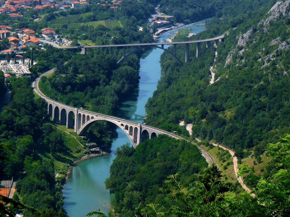 View of the Solkan Bridge over the Soca River from an elevated position