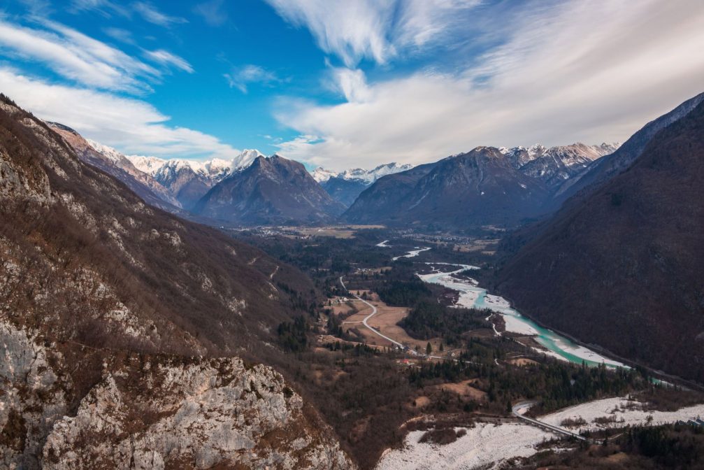 Beautiful Soca valley with villages, river and mountains