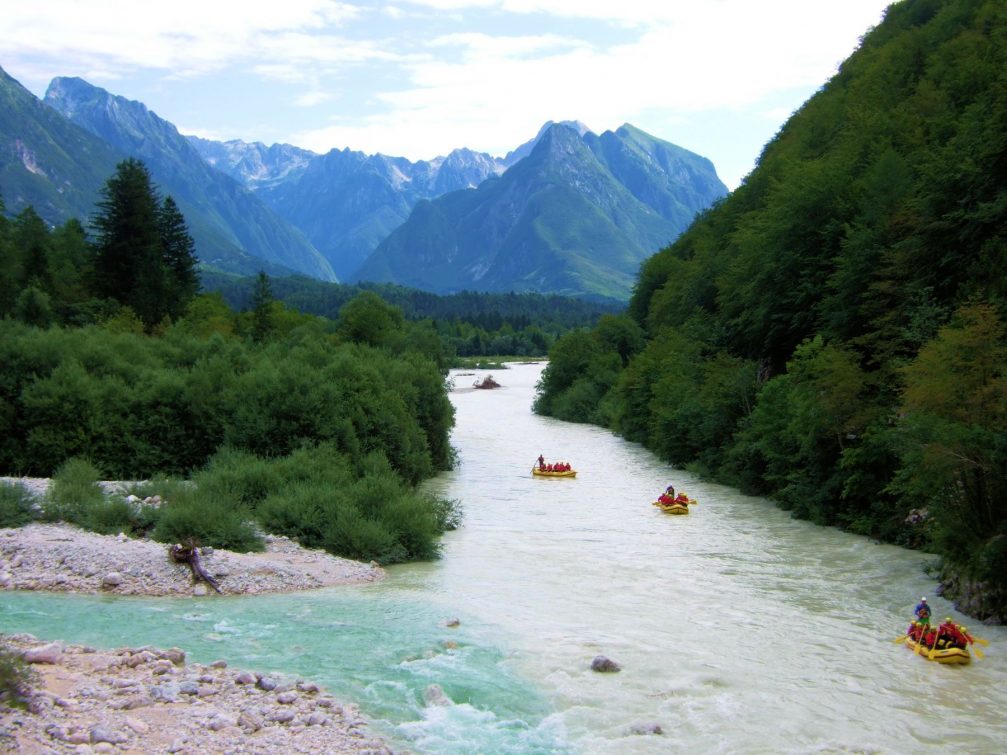 White water rafting on the wild and scenic section of the Soca River in Slovenia