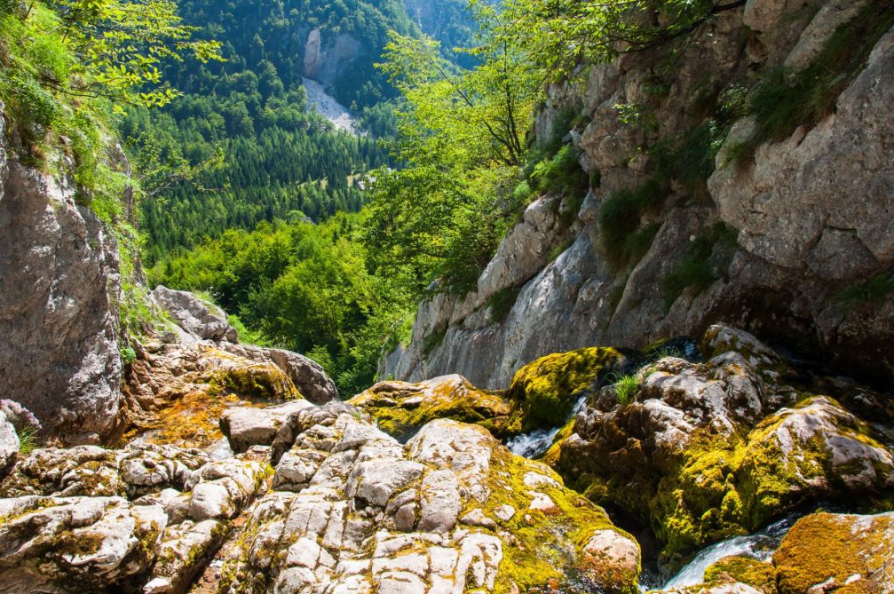 The Soca River in the immediate vicinity of its source where the stream emerges from a cave