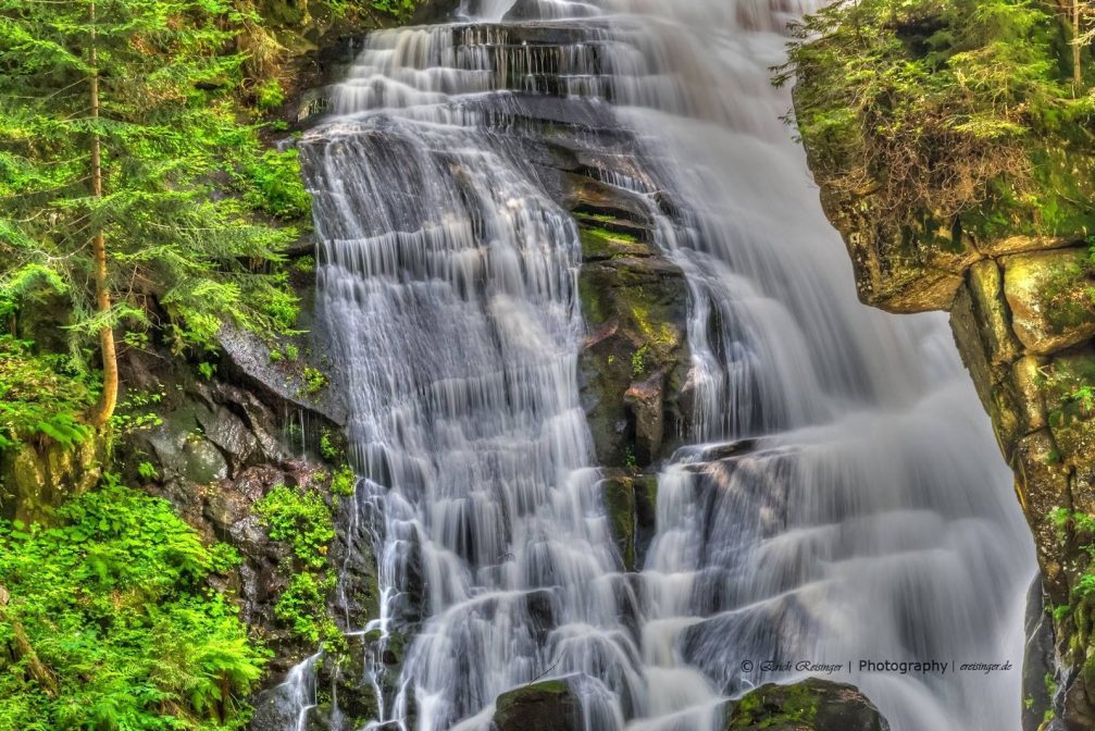 View of the Veliki Sumik waterfall created by Stream Lobnica in the virgin forest of Pohorje