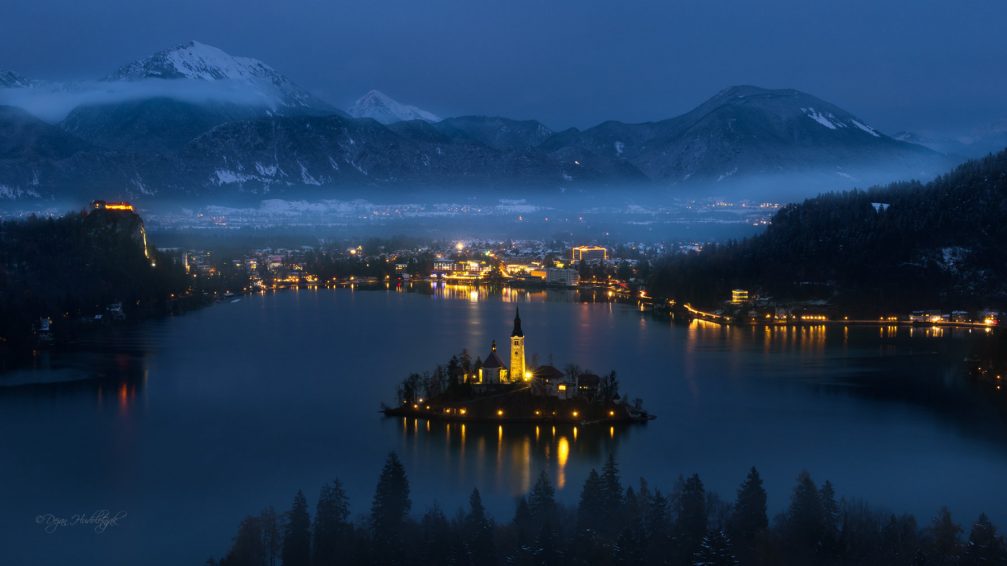 Panoramic view of the town of Bled, Slovenia at winter night from the Ojstrica viewpoint