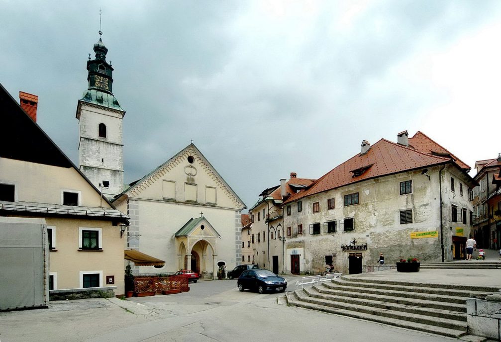 Cankar Square and the Church of St Jacob in Skofja Loka, Slovenia