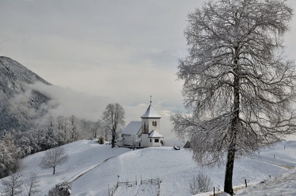 The Church of St. Peter above Begunje Na Gorenjskem powdered with fresh snow in winter