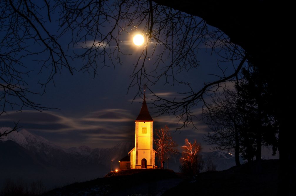 Jamnik Church of Saints Primus and Felician illuminated at night