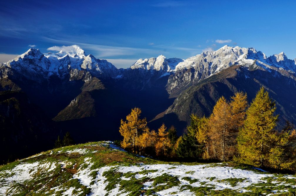 View of the Julian Alps from the Dovska Baba mountain in the Karavanke mountain range