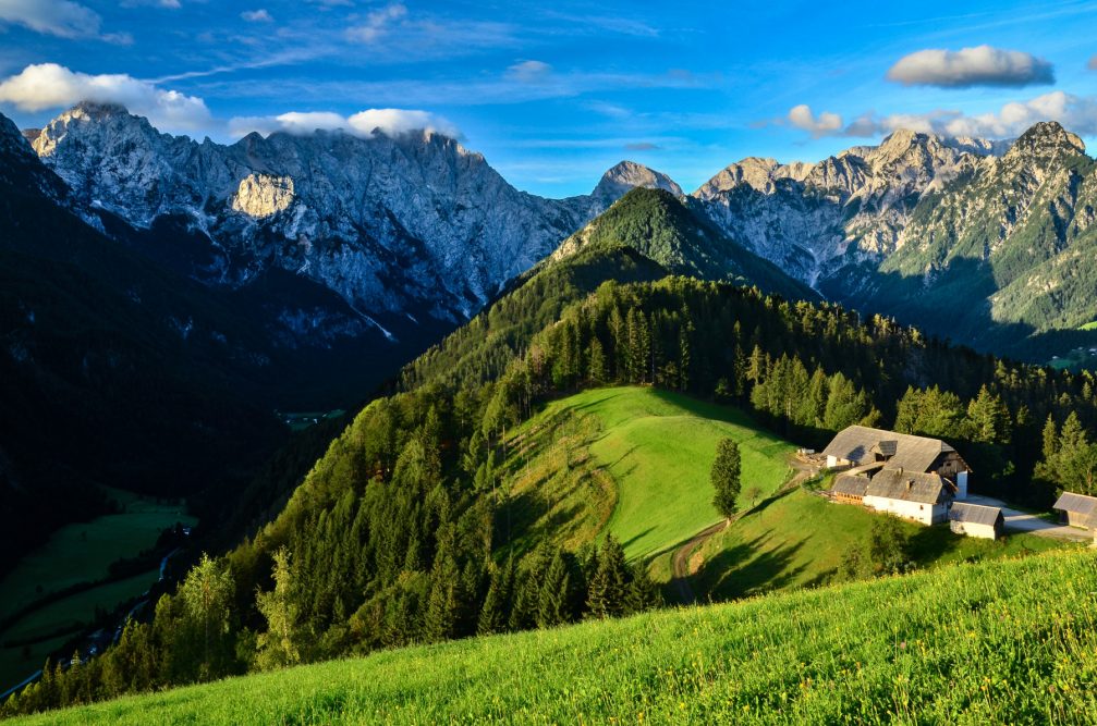 Elevated view of the Klemensek farmstead above the Logarska Dolina Valley in Solcava, Slovenia