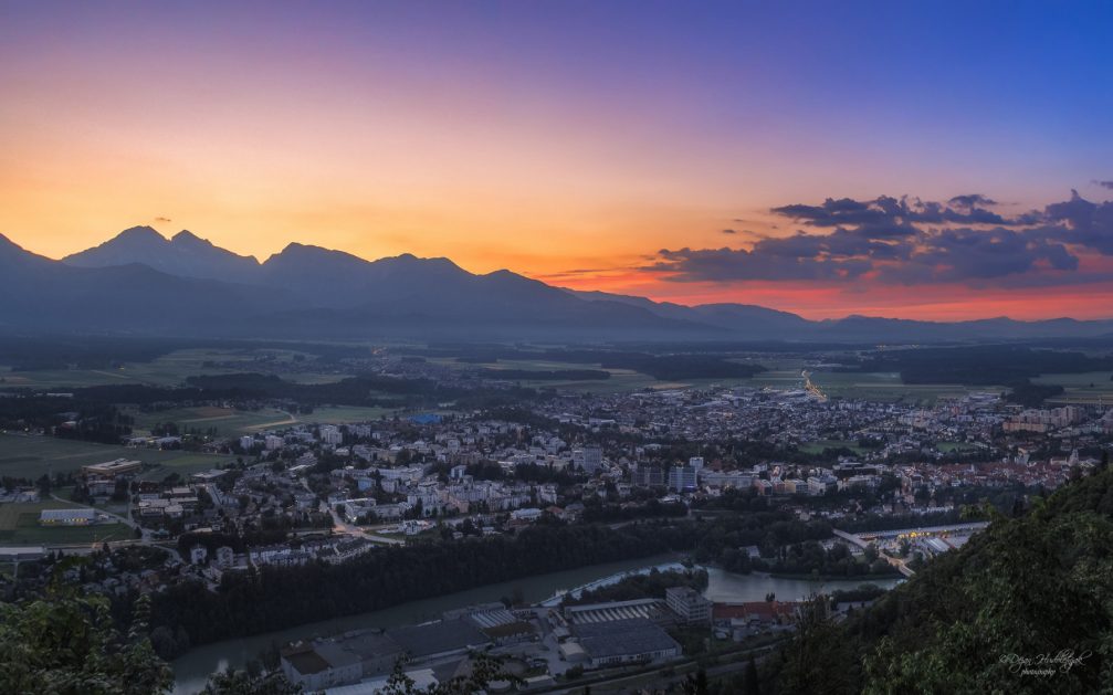 An aerial panoramic view of Kranj, the capital of the Gorenjska region of Slovenia