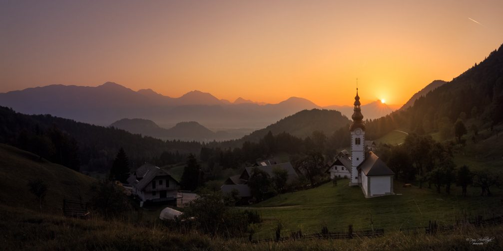 Village of Kupljenik with its Succursal Church of St. Steven at sunrise