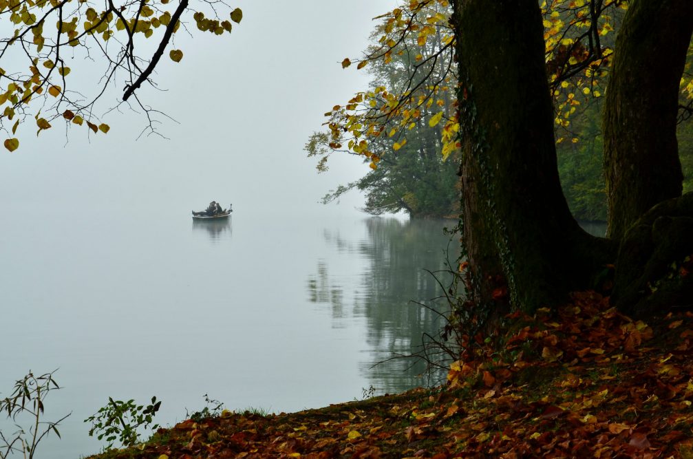 A lonely wooden boat in Lake Bled on a moody autumn day