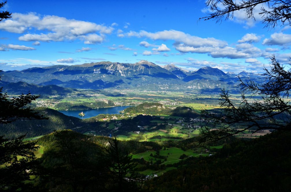 An elevated view of Lake Bled from the Babji Zob Mountain in northwestern Slovenia