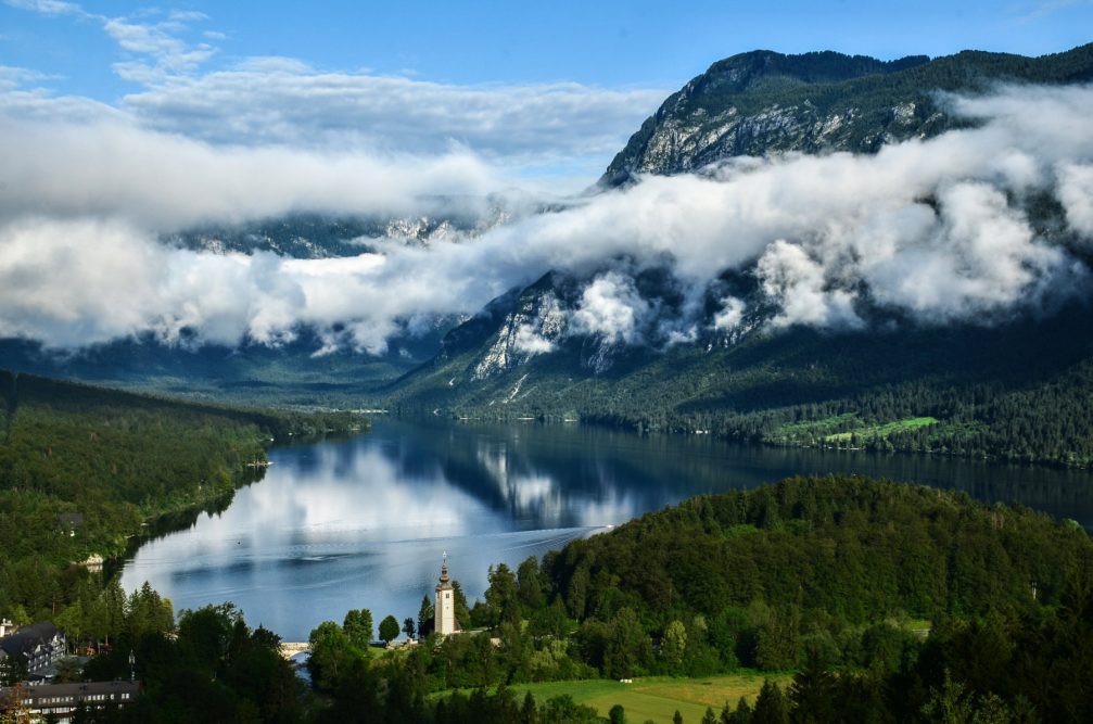 Incredible elevated view of Lake Bohinj, Slovenia from the Vodnikov Razglednik Lookout Point