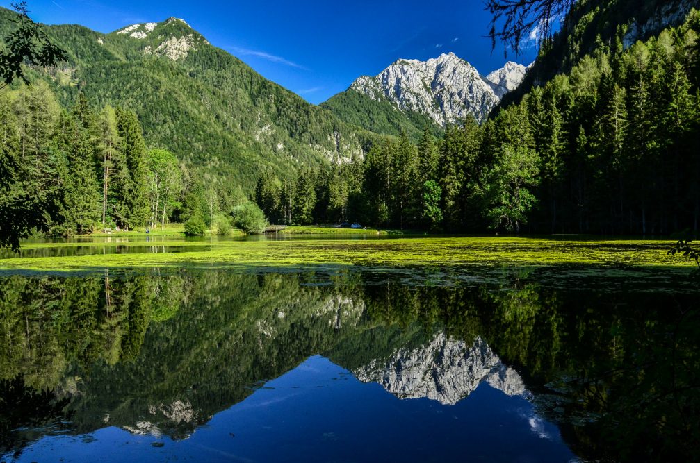 Lake Plansar or Plansarsko Jezero, a small artificial heart-shaped lake in the Jezersko Valley, Slovenia