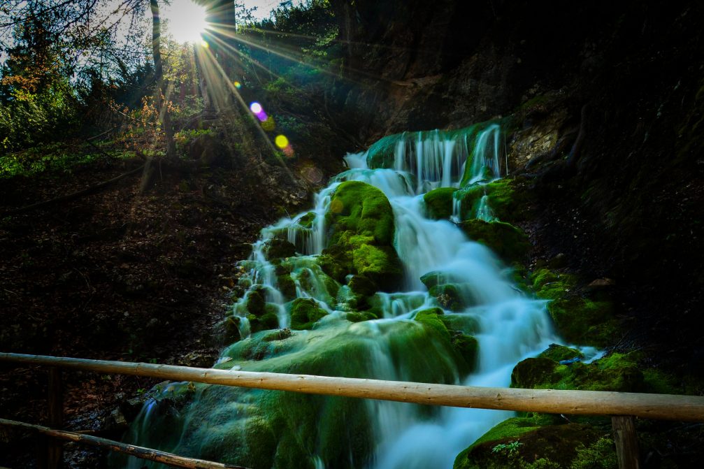 Waterfall Mrzla Voda or Mahovje Falls near the village of Gozd Martuljek, Slovenia