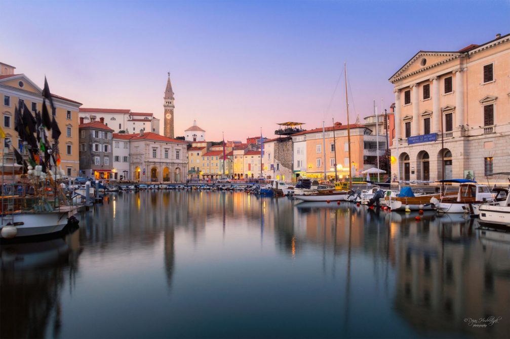 View of the coastal town of Piran and its main Tartini Square from the harbor