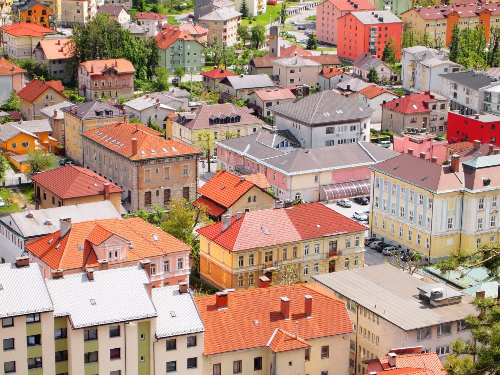 An elevated view of the centre of Postojna, Slovenia