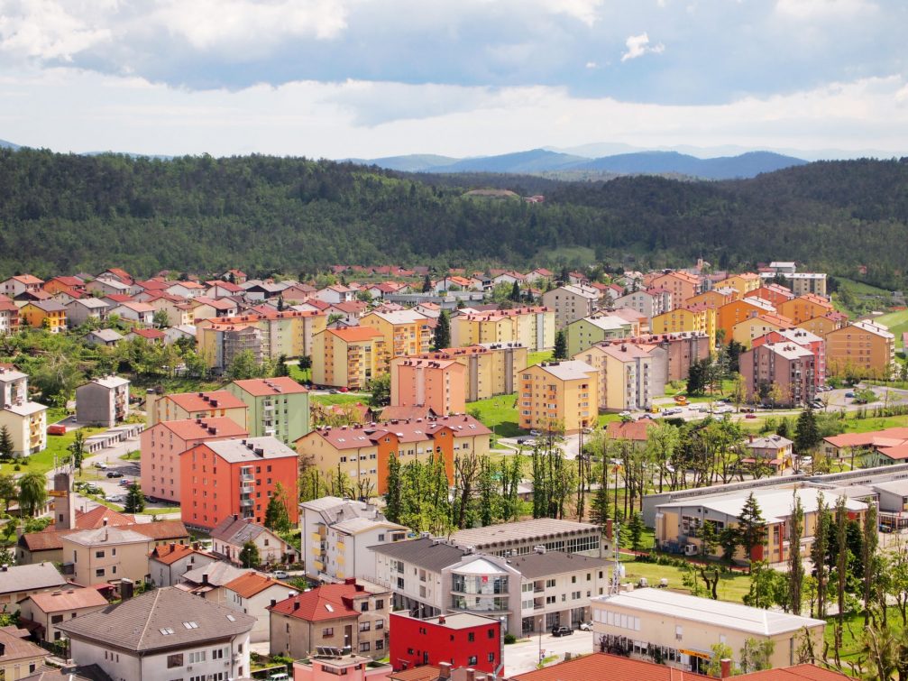 Colorful residential buildings in the newer part of Postojna, Slovenia