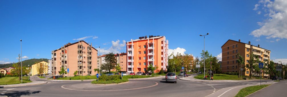 A roundabout at the Cesta V Staro Vas road in the town of Postojna, Slovenia